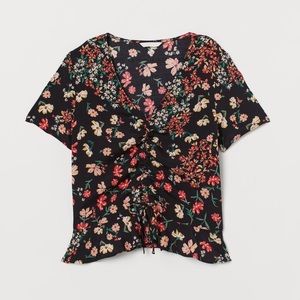 H&M black multicolour floral drawstring blouse Size 10
